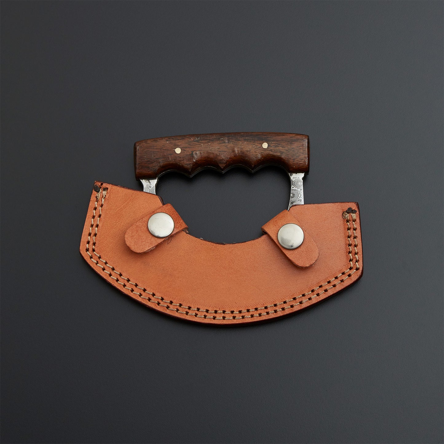 Custom Handmade Damascus Steel Ulu Knife Handle Rosewood With Leather Sheath