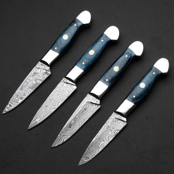 Custom Handmade Damascus Steel 4 Pcs Steak Knives Handle Hardwood With Leather Roll Kit  High-Quality Steak Knife Set for Perfect Slices