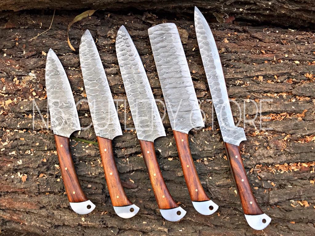 Custom Handmade Damascus Steel 5 Pcs Chef Set Handle Rosewood With Leather Roll Kit