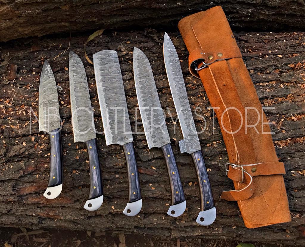 Custom Handmade Damascus Steel 5 Pcs Chef Set Handle Hardwood With Leather Roll Kit