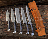 Custom Handmade Damascus Steel 5 Pcs Chef Set Handle Hardwood With Leather Roll Kit