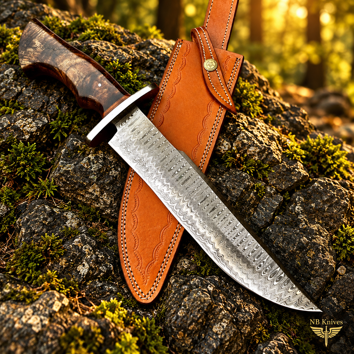 CUSTOM HANDMADE DAMASCUS STEEL BOWIE KNIFE WITH LEATHER SHEATH