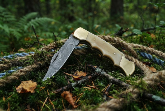 Camel Bone handle Damascus steel pocket folding knife with brass bolster