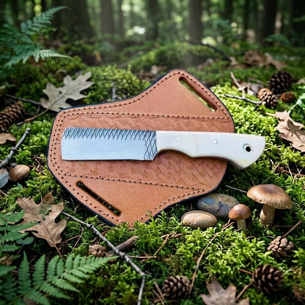 Camel bone handle detail on custom cowboy knife