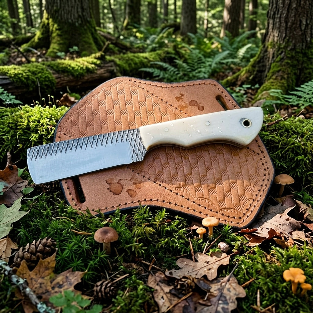 Close-up of D2 steel blade on handmade cowboy knife