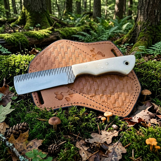 Close-up of D2 steel blade on handmade cowboy knife