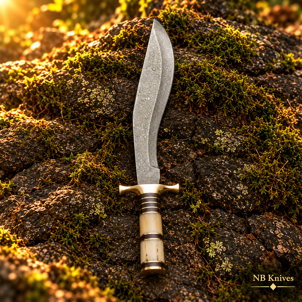 Hand-Forged Damascus Kukri Knife with Cow Bone Handle and Brass Fittings