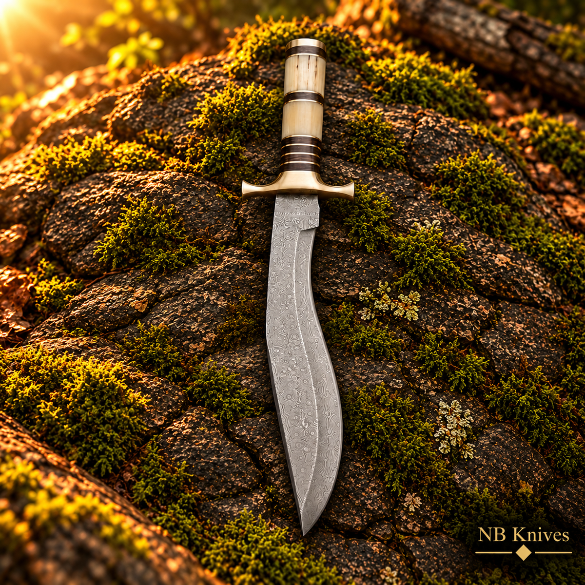 Hand-Forged Damascus Kukri Knife with Cow Bone Handle and Brass Fittings