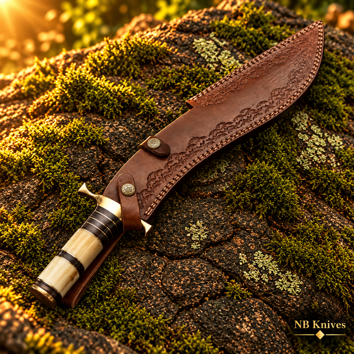 Hand-Forged Damascus Kukri Knife with Cow Bone Handle and Brass Fittings