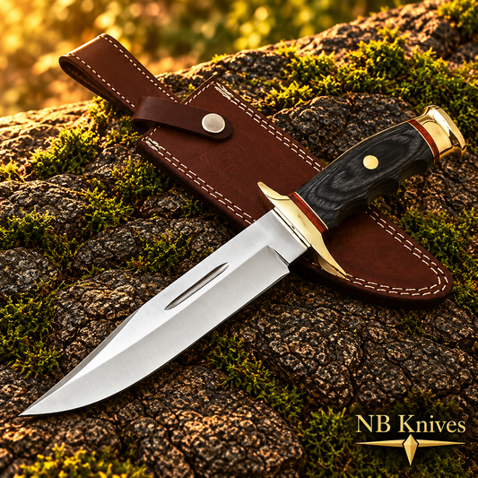 Custom Handmade D2 Steel Hunting Bowie Knife with Pakka Wood Handle & Brass Guard