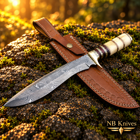 Custom Handmade Damascus Bowie Hunting Knife with Camel Bone & Rosewood Handle