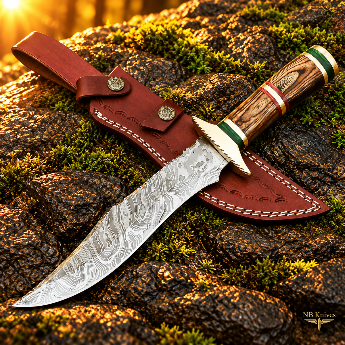 Custom Handmade Damascus Hunting Knife with Pakka Wood Handle & Brass Bolster