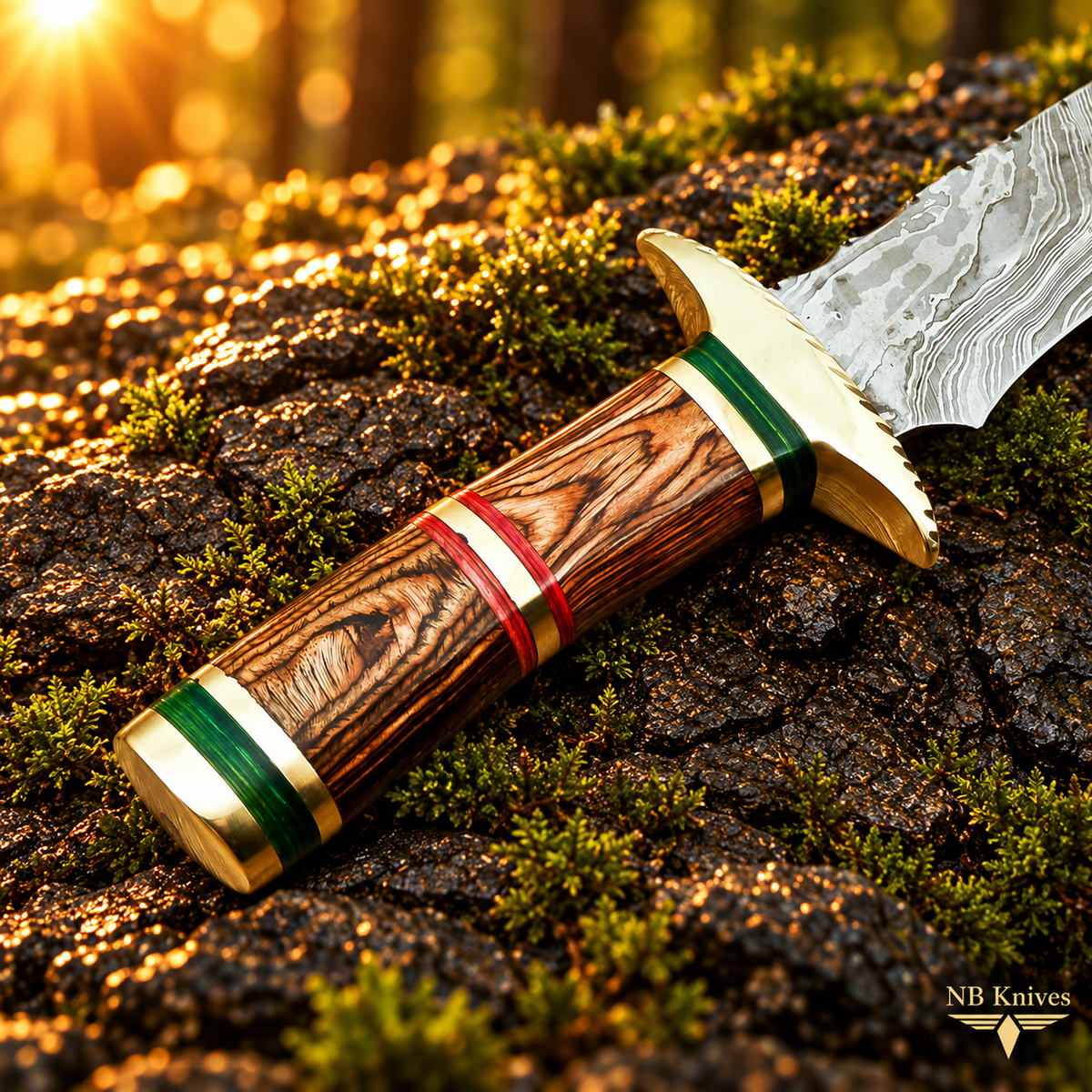 Custom Handmade Damascus Hunting Knife with Pakka Wood Handle & Brass Bolster