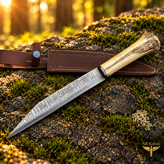 Custom Handmade Damascus Steel Seax Knife with Cow Bone Handle & Leather Sheath