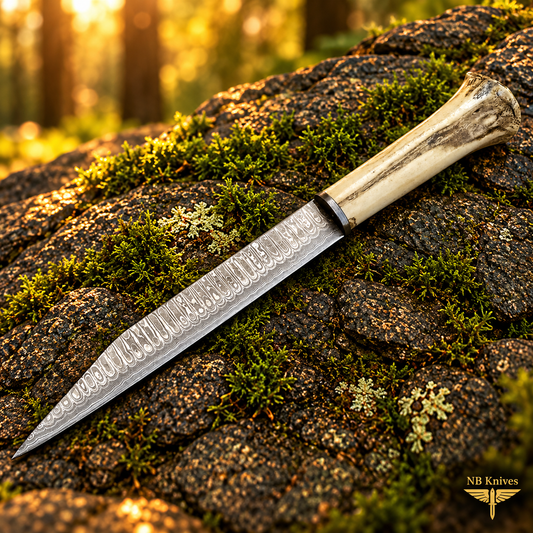 Custom Handmade Damascus Steel Seax Knife with Cow Bone Handle & Leather Sheath