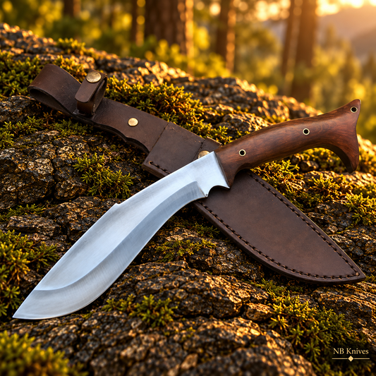 Custom Handmade D2 Steel Kukri Knife with Rosewood Handle & Leather Sheath