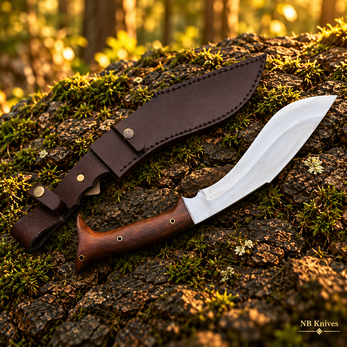 Custom Handmade D2 Steel Kukri Knife with Rosewood Handle & Leather Sheath