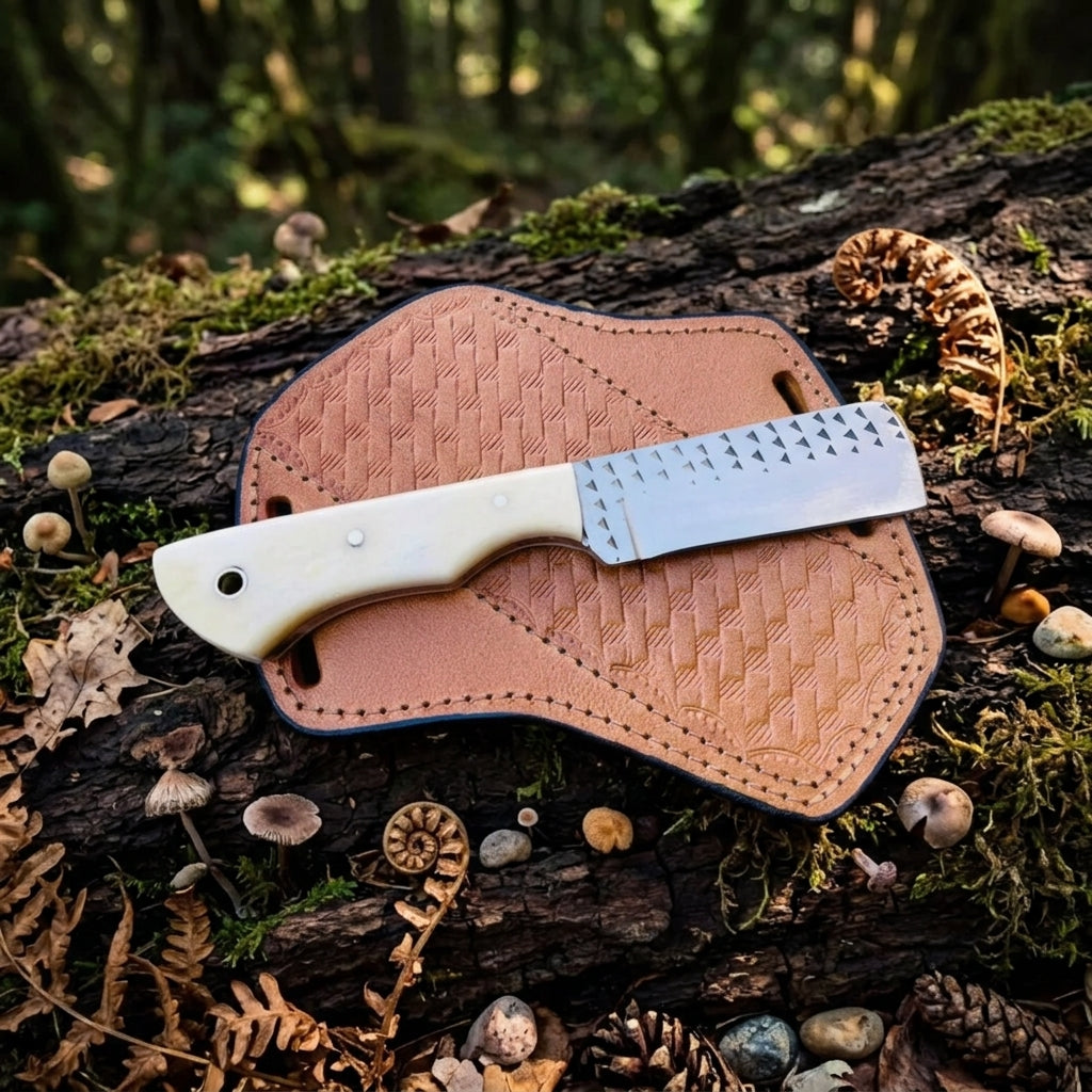 Custom handmade D2 steel cowboy knife with camel bone handle and leather sheath