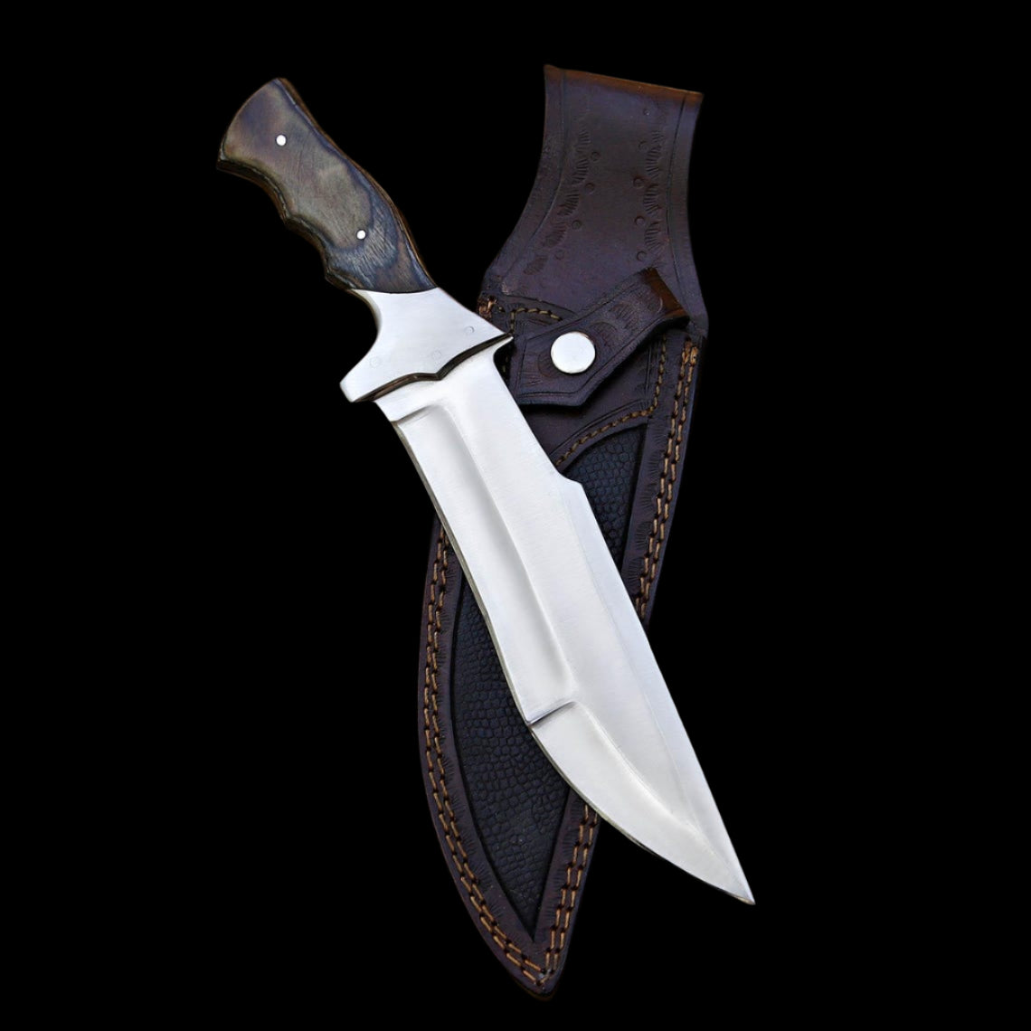 Knife with leather sheath on a wooden log
