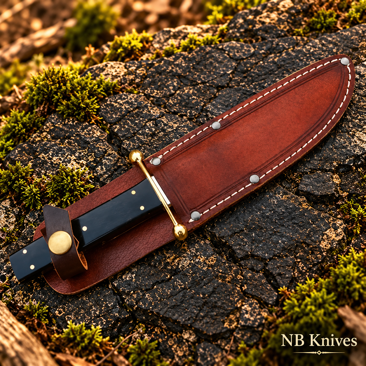 D2 Steel Bowie Hunting Knife with Buffalo Horn Handle & Leather Sheath