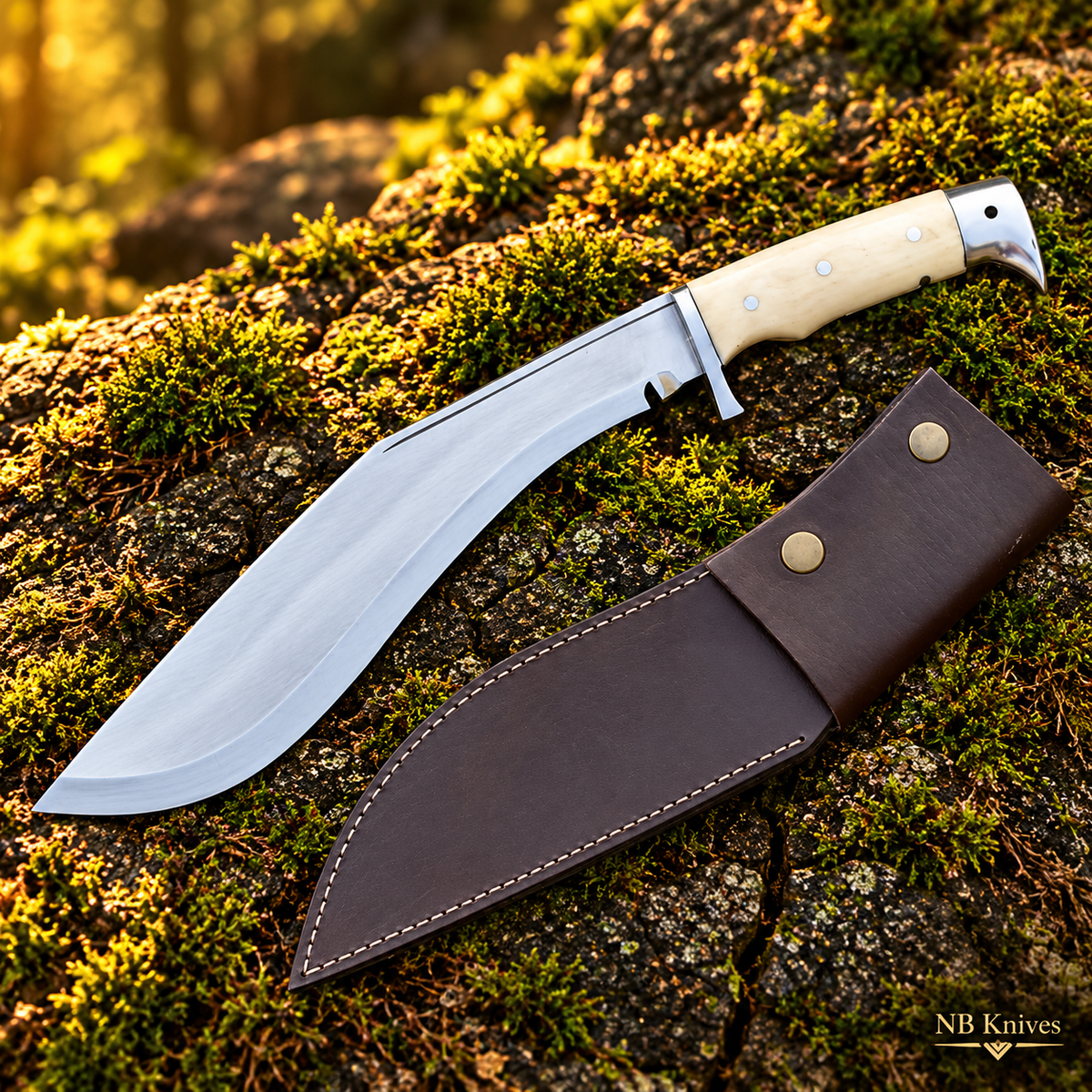 Handcrafted D2 Steel Kukri Knife with Camel Bone Handle and Stainless Steel Fittings