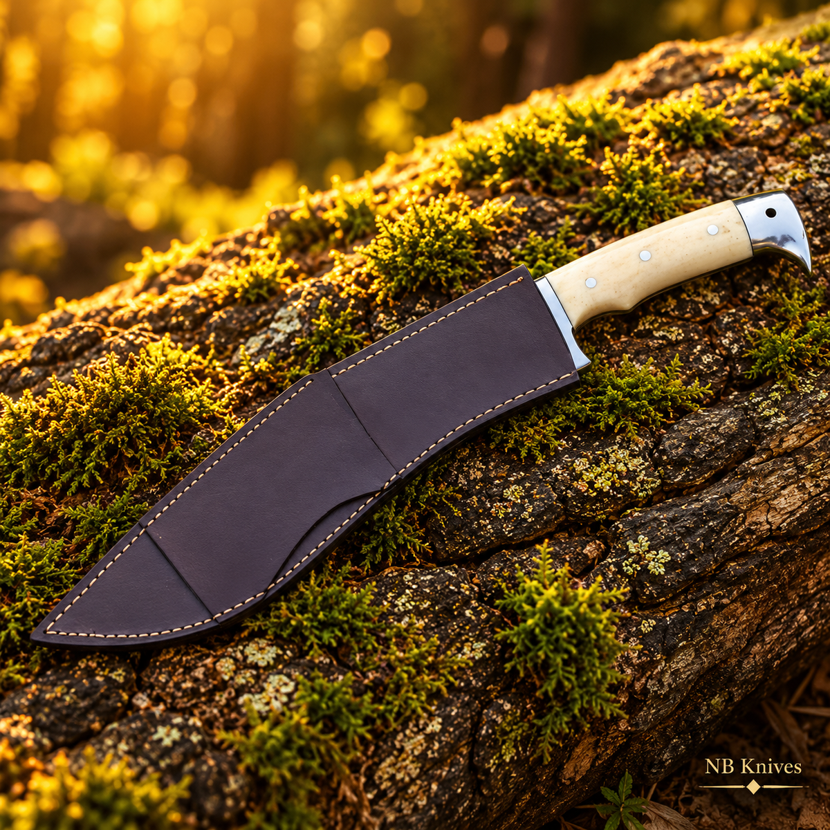 Handcrafted D2 Steel Kukri Knife with Camel Bone Handle and Stainless Steel Fittings