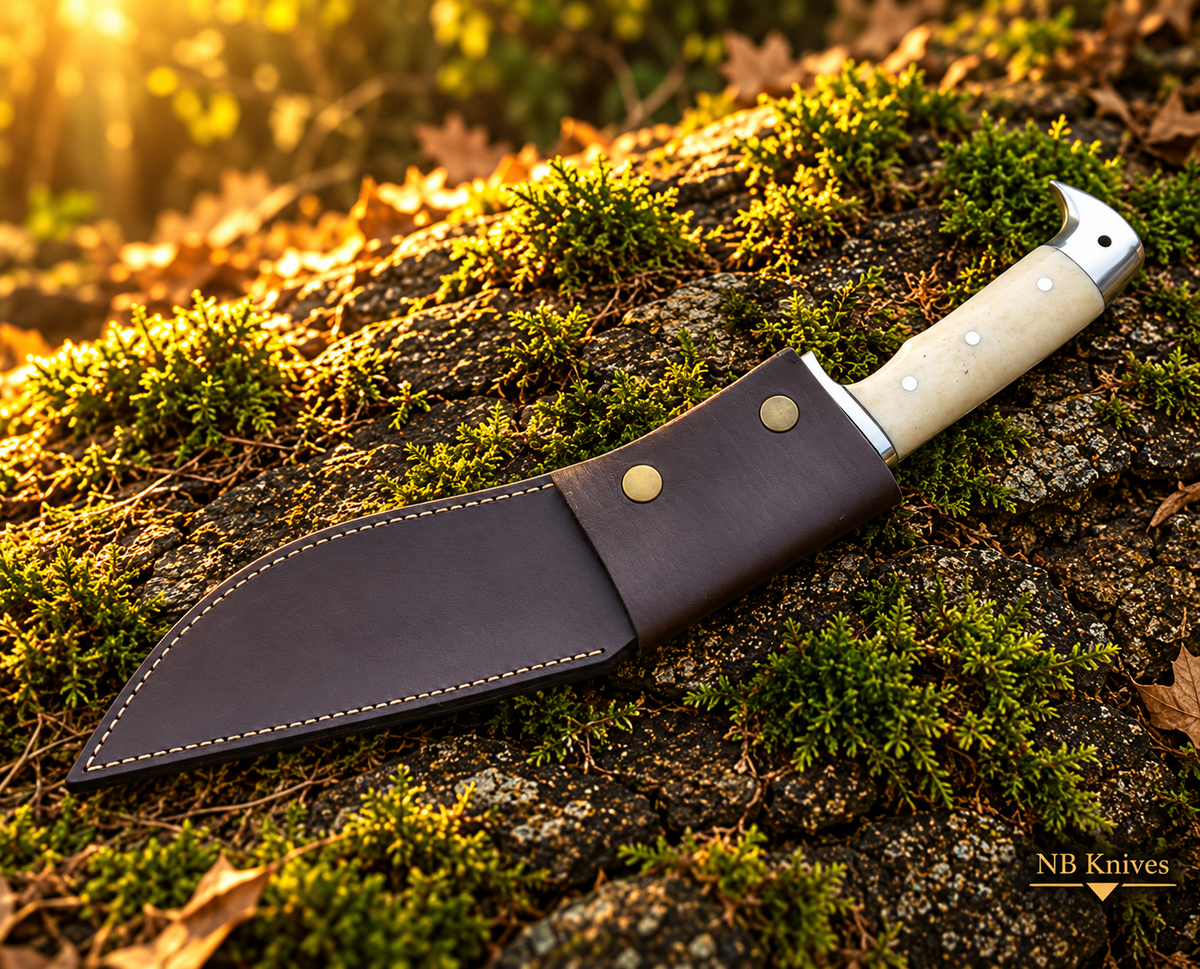 Handcrafted D2 Steel Kukri Knife with Camel Bone Handle and Stainless Steel Fittings