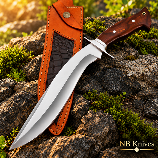 Handcrafted D2 Steel Kukri Knife with Rosewood Handle & Leather Sheath