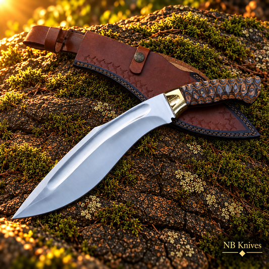 Handcrafted D2 Steel Kukri Knife with Sculpted Pakka Wood Handle & Brass Bolster