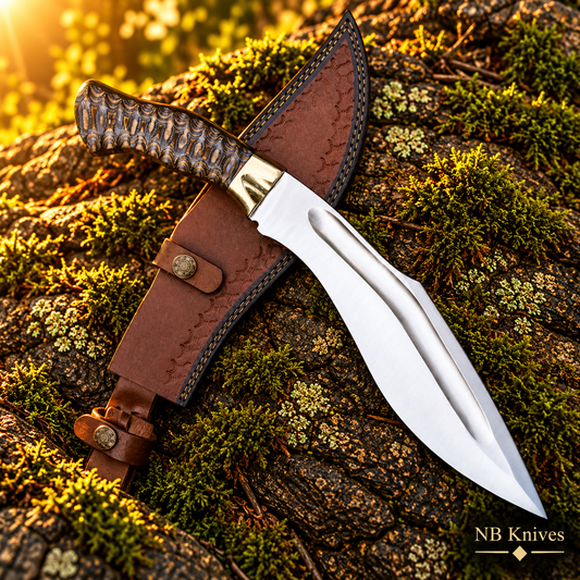 Handcrafted D2 Steel Kukri Knife with Sculpted Pakka Wood Handle & Brass Bolster