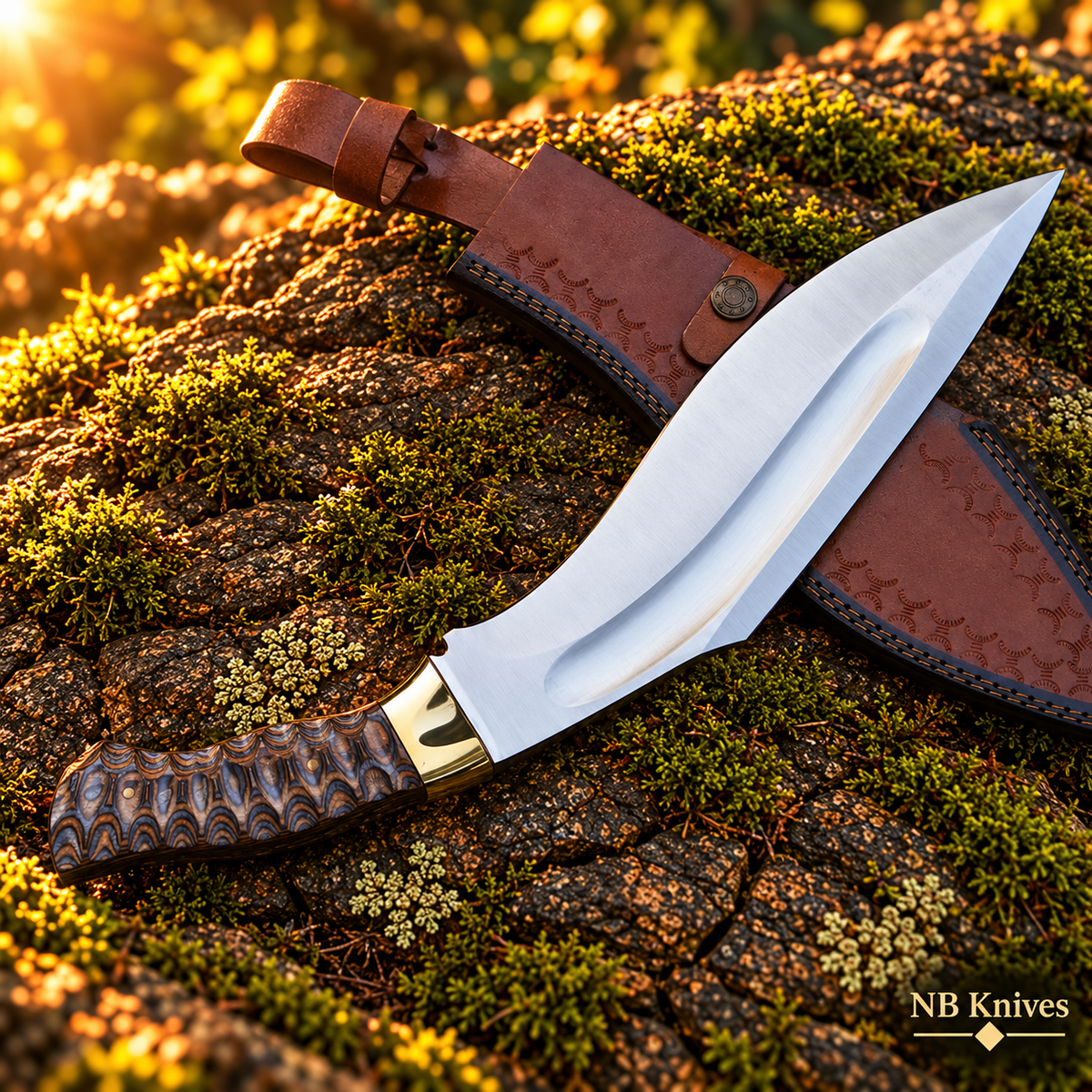 Handcrafted D2 Steel Kukri Knife with Sculpted Pakka Wood Handle & Brass Bolster