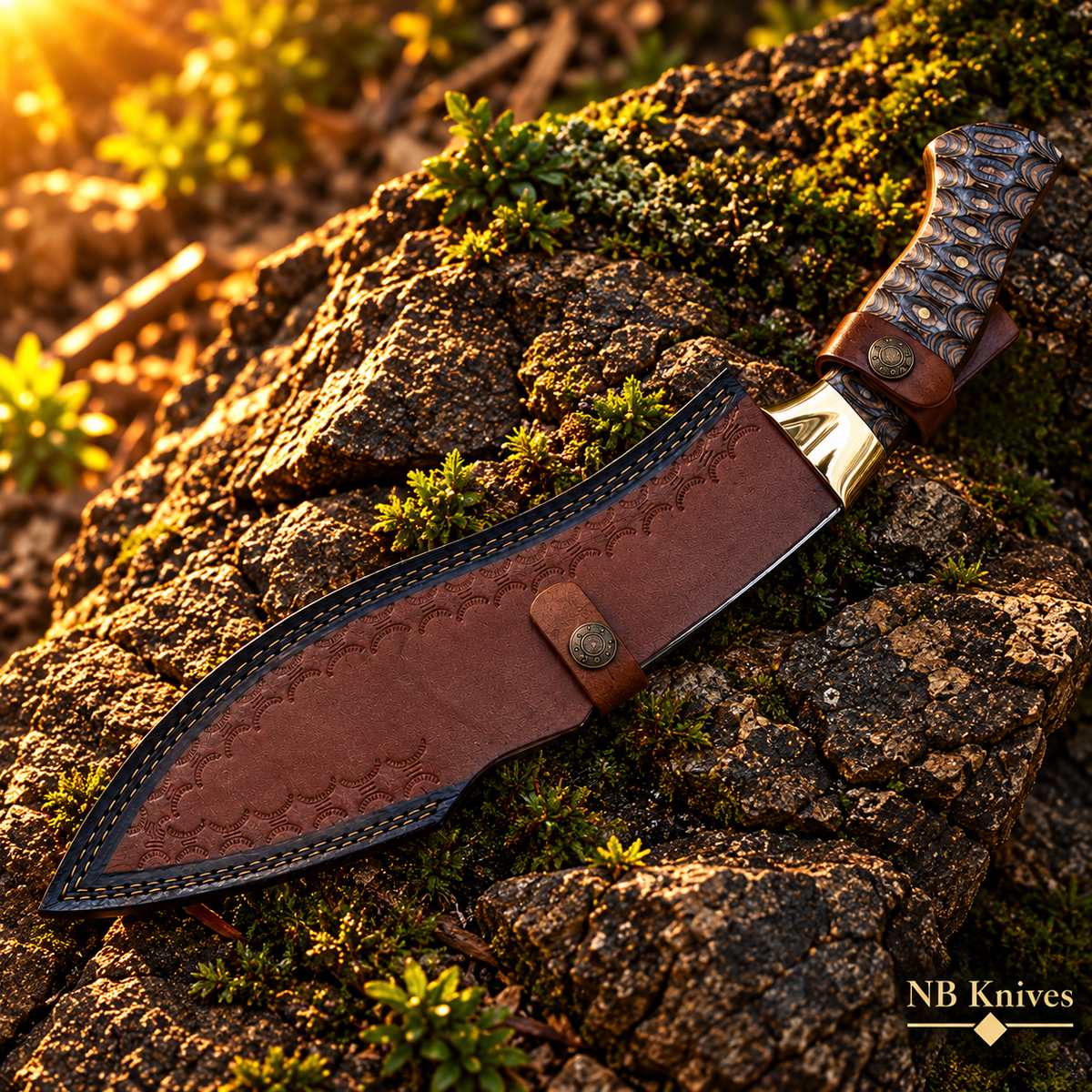 Handcrafted D2 Steel Kukri Knife with Sculpted Pakka Wood Handle & Brass Bolster