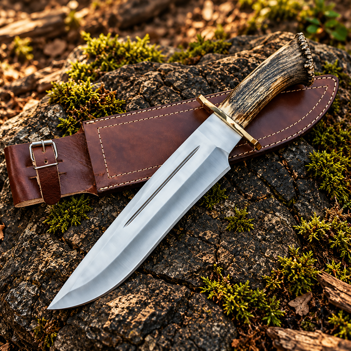 D2 Steel Bowie Knife with Stag Horn Handle & Leather Sheath