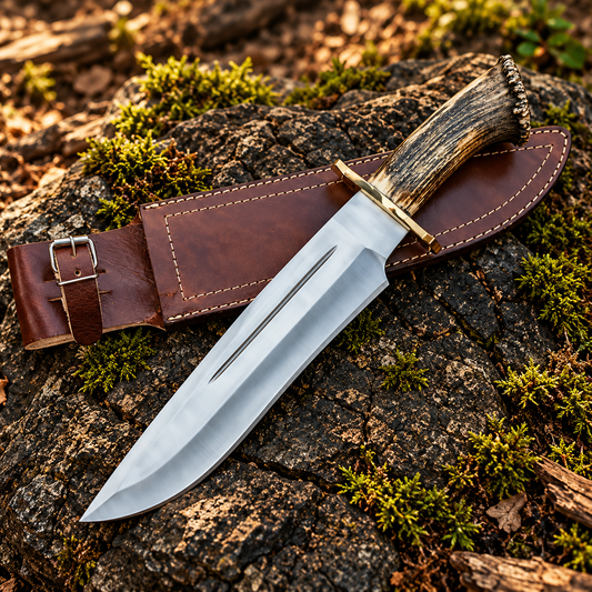 D2 Steel Bowie Knife with Stag Horn Handle & Leather Sheath