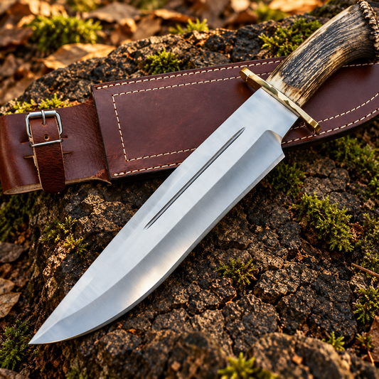 D2 Steel Bowie Knife with Stag Horn Handle & Leather Sheath