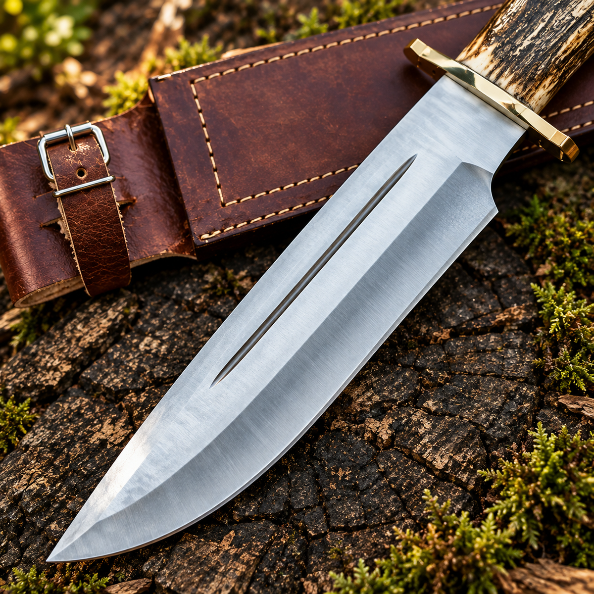 D2 Steel Bowie Knife with Stag Horn Handle & Leather Sheath