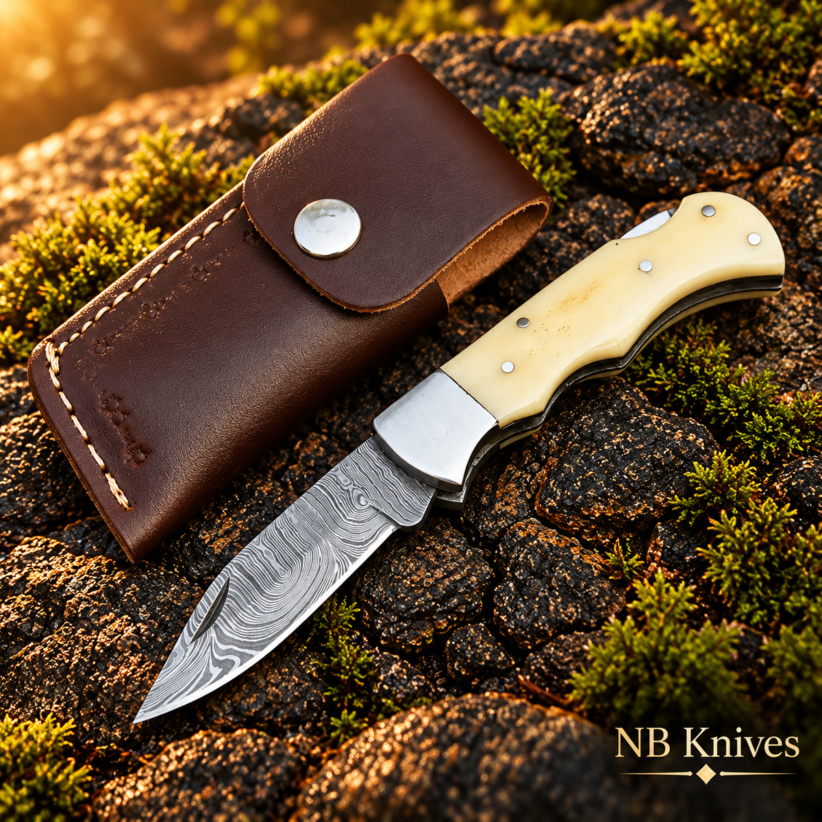 Damascus Back Lock Folding Knife with Camel Bone Handle