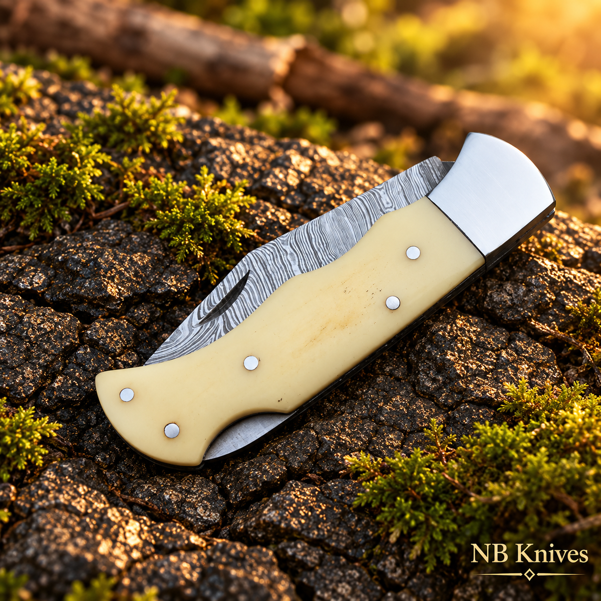 Damascus Back Lock Folding Knife with Camel Bone Handle