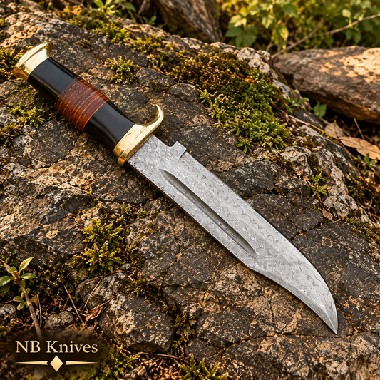 Buffalo Horn & Rosewood Damascus Bowie Knife with Brass Guard