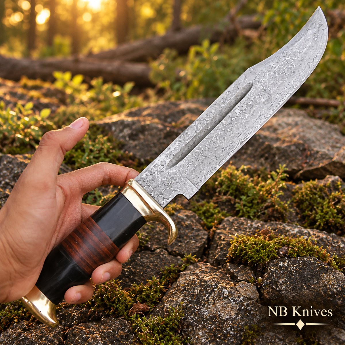 Buffalo Horn & Rosewood Damascus Bowie Knife with Brass Guard