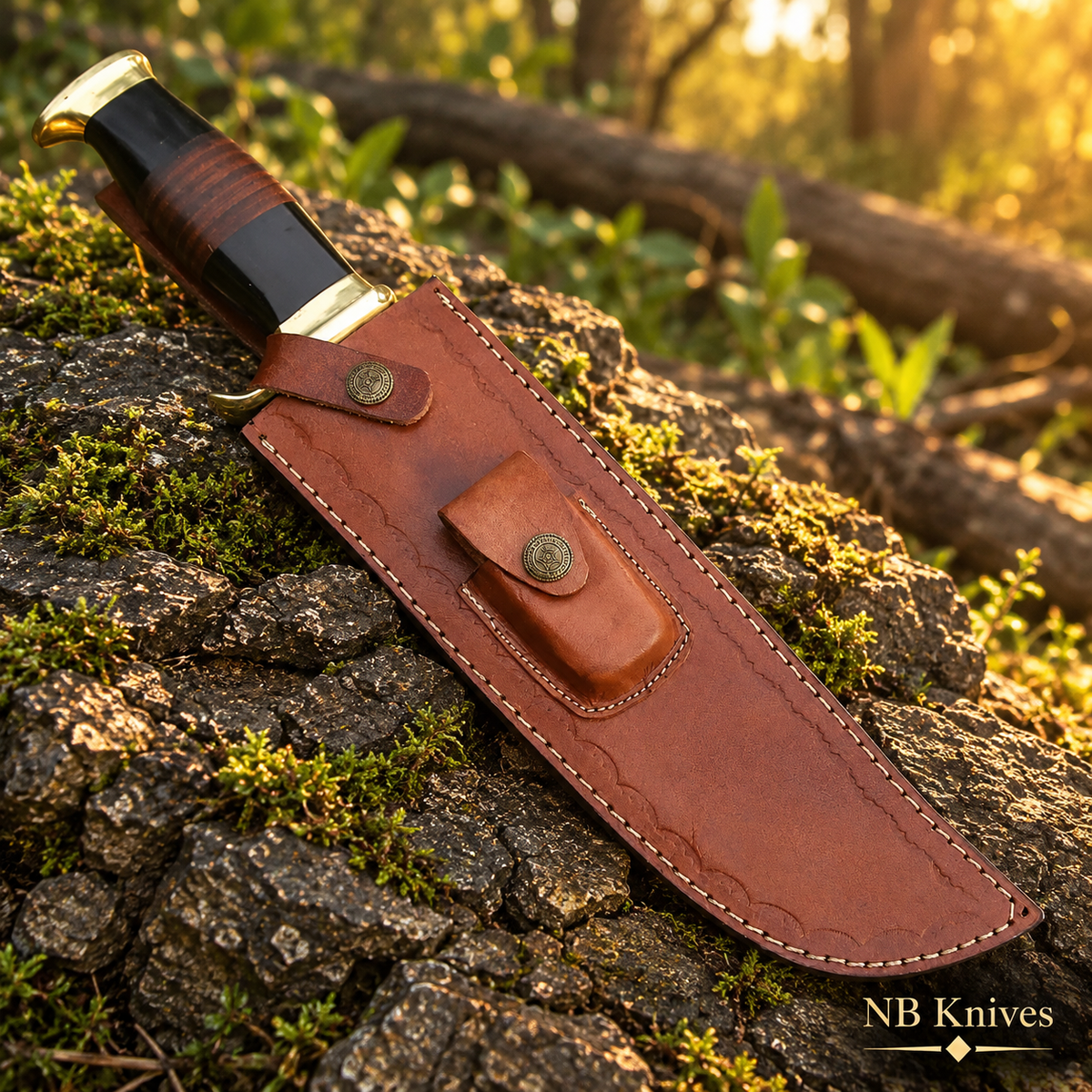 Buffalo Horn & Rosewood Damascus Bowie Knife with Brass Guard