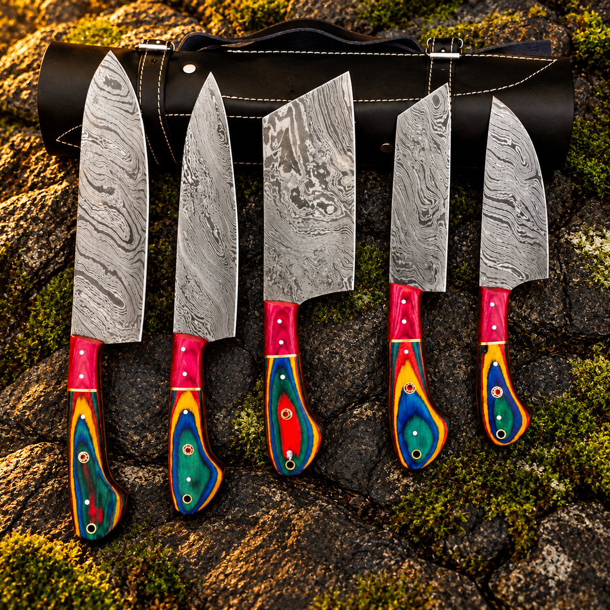 Handcrafted Damascus Chef Knife Set of 5 with Pakka Wood Handles & Leather Roll