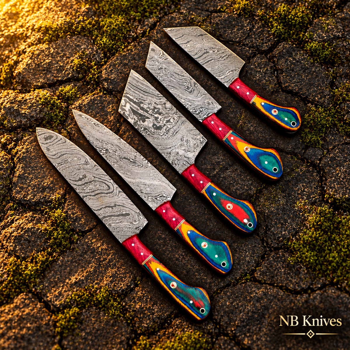 Handcrafted Damascus Chef Knife Set of 5 with Pakka Wood Handles & Leather Roll