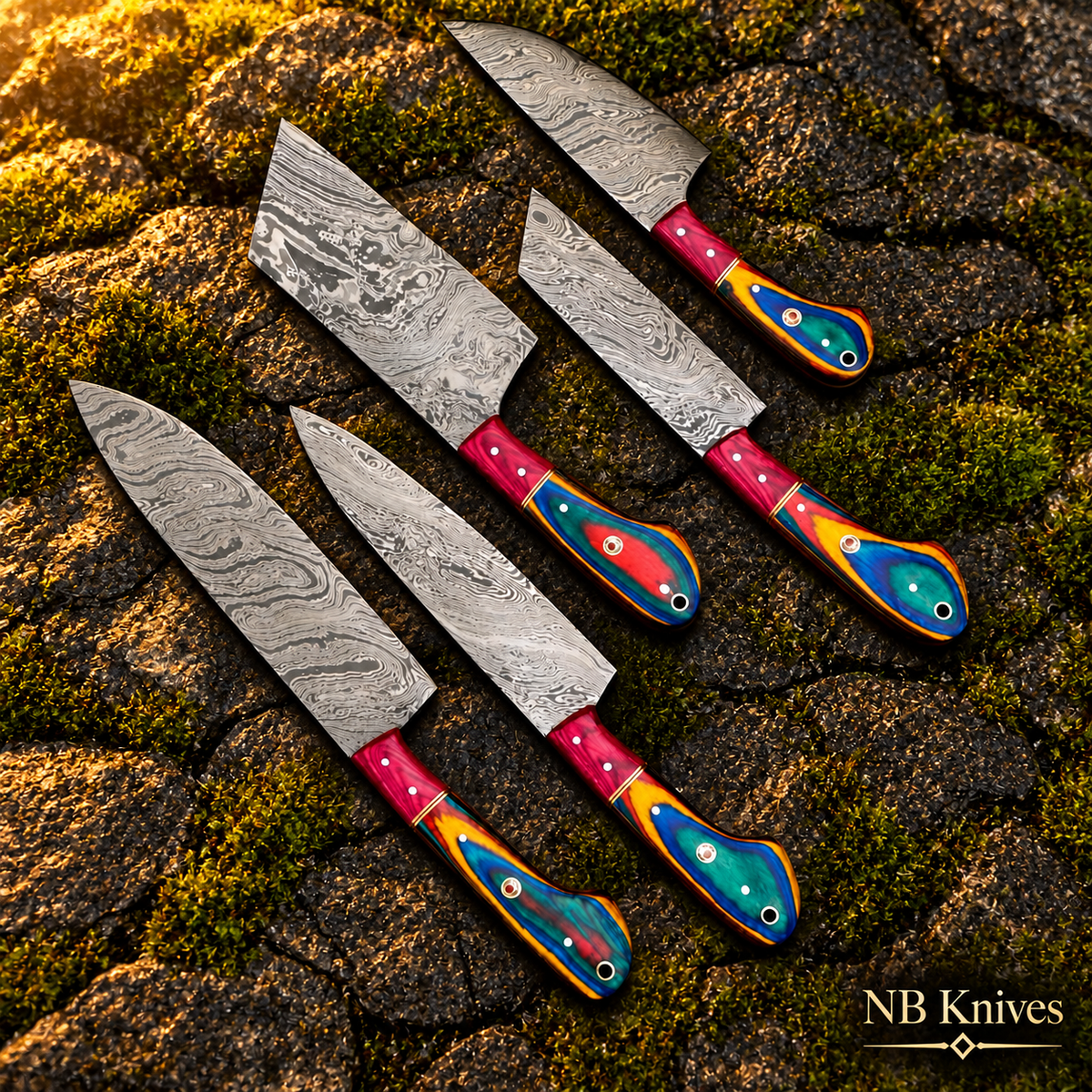 Handcrafted Damascus Chef Knife Set of 5 with Pakka Wood Handles & Leather Roll