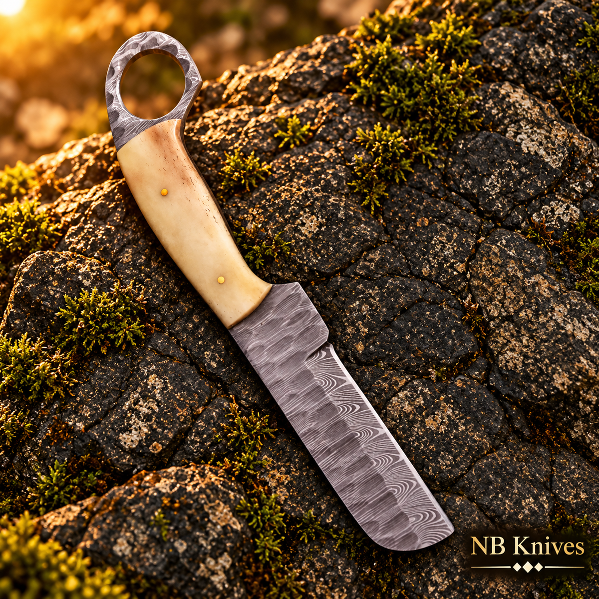 Handcrafted Damascus Cowboy Bull Cutter Knife with Cow Bone Handle