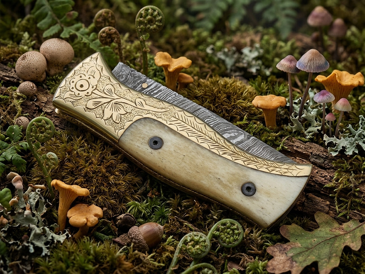 Damascus Folding Knife, Damascus Steel, Cow Bone Handle, Engraved Bolster, Handmade Folding Knife, Leather Sheath, Cowhide Sheath