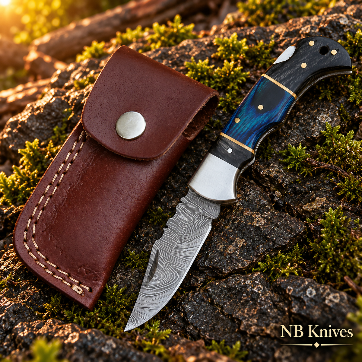 Hand Forged Damascus Folding Knife with Black & Blue Handle