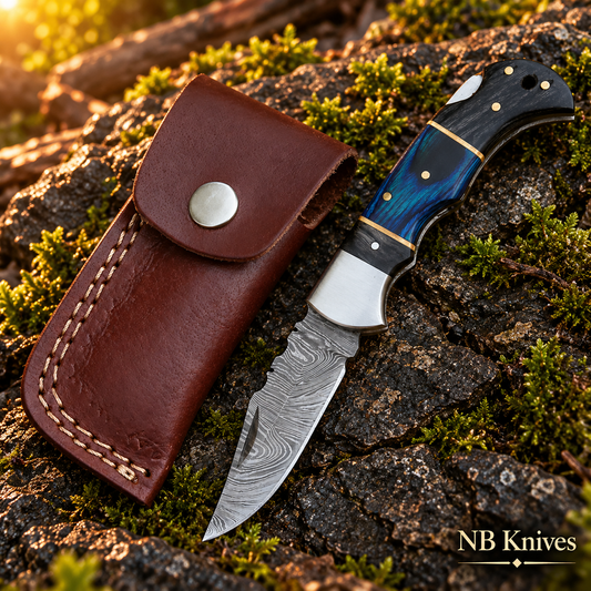 Hand Forged Damascus Folding Knife with Black & Blue Handle