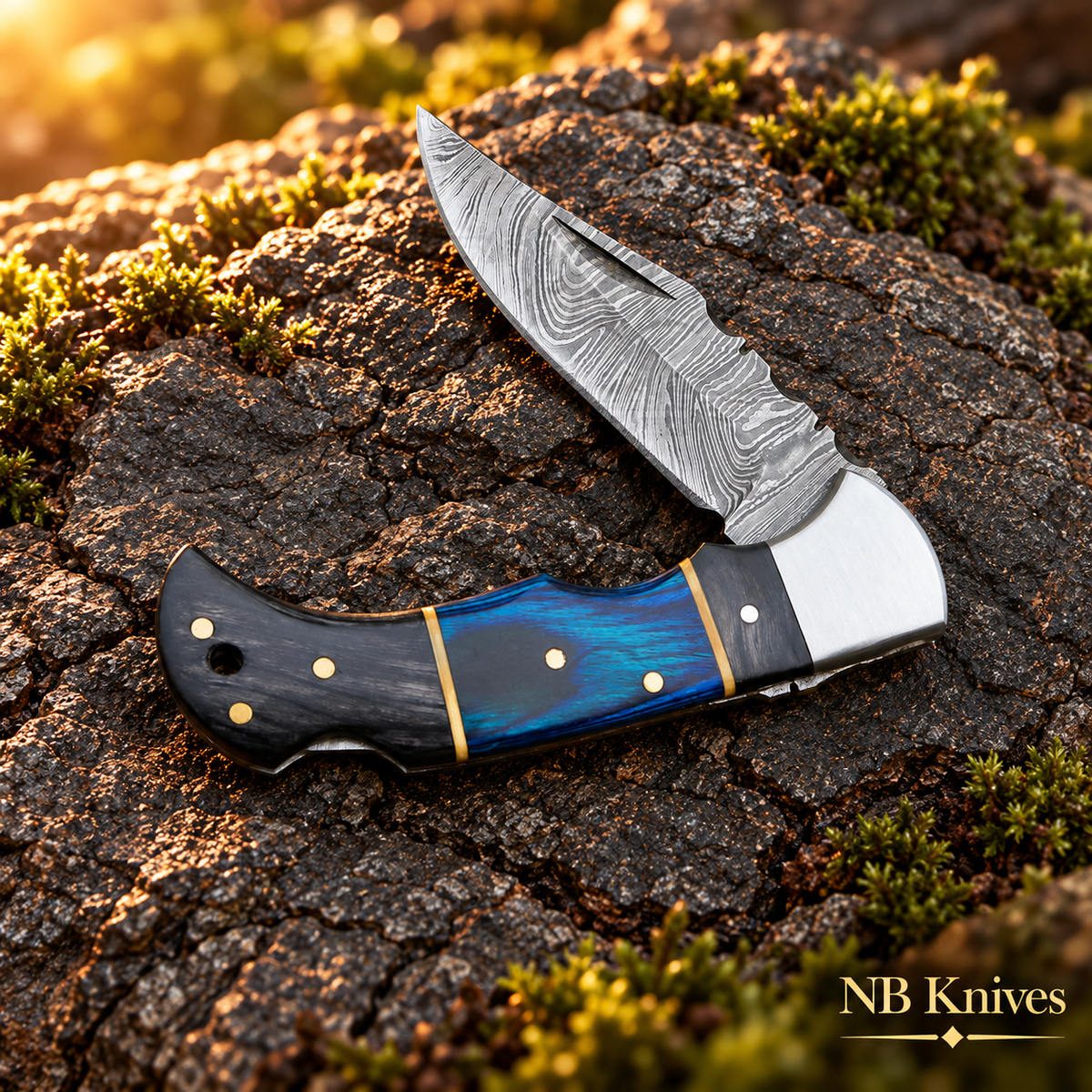 Hand Forged Damascus Folding Knife with Black & Blue Handle