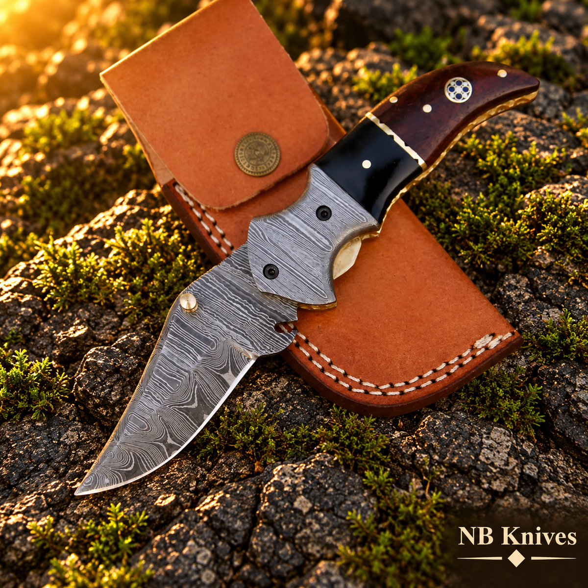 Damascus Folding Knife with Buffalo Horn & Dark Wood Handle